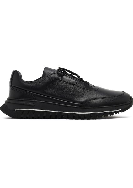 Erkek Siyah Bağcıklı Kalın Tabanlı Deri Casual Sneaker 25WFD622318