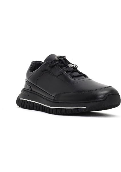 Erkek Siyah Bağcıklı Kalın Tabanlı Deri Casual Sneaker 25WFD622318