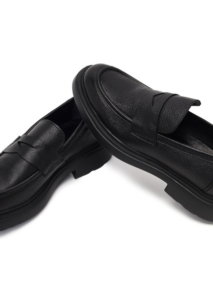 Erkek Siyah Bağcıklı Kalın Tabanlı Deri Casual Sneaker 25WFD622318