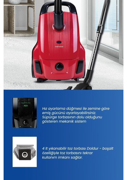 Kırmızı 4l Geniş Kapasiteli Hız Ayarlı Toz Torbalı Elektrikli Süpürge fırsatları