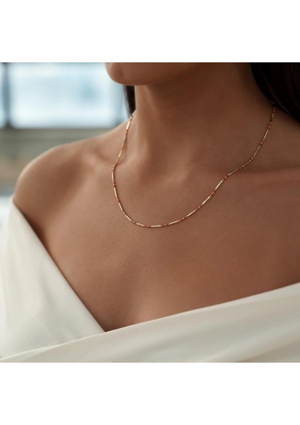 Kırmızı Mineli Pim Altın Zincir Kolye