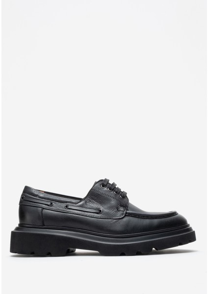 Erkek Yüksek Taban Bağcıklı Loafer Gerçek Deri Fr 54084 Siyah