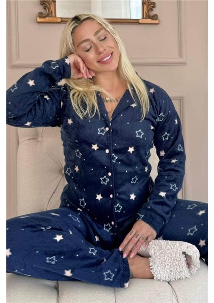 Lacivert Yıldız Heart Desenli Önden Düğmeli Peluş Polar Pijama Takımı
