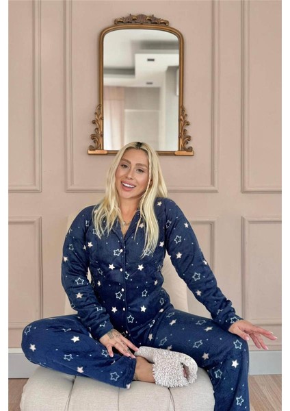 Lacivert Yıldız Heart Desenli Önden Düğmeli Peluş Polar Pijama Takımı fiyatları