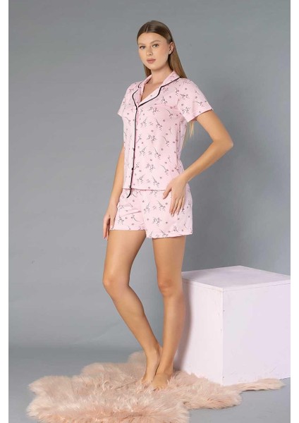 Boydan Düğmeli Kısa Kollu Şort Takım - Yazlık Çiçek Desenli Yumuşak Milan Kumaş - M, L, Xl, Xxl Poppy 56-07 fiyatları