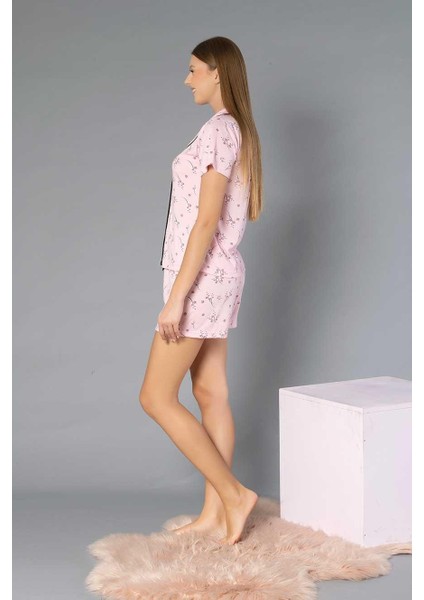 Boydan Düğmeli Kısa Kollu Şort Takım - Yazlık Çiçek Desenli Yumuşak Milan Kumaş - M, L, Xl, Xxl Poppy 56-07 modelleri