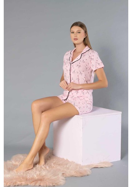 Boydan Düğmeli Kısa Kollu Şort Takım - Yazlık Çiçek Desenli Yumuşak Milan Kumaş - M, L, Xl, Xxl Poppy 56-07 fırsatları