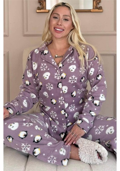 Lila Penguen Desenli Önden Düğmeli Peluş Polar Pijama Takımı
