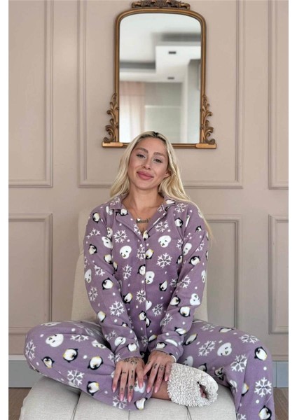 Lila Penguen Desenli Önden Düğmeli Peluş Polar Pijama Takımı fiyatları