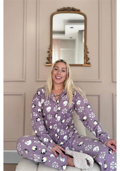 Lila Penguen Desenli Önden Düğmeli Peluş Polar Pijama Takımı modelleri
