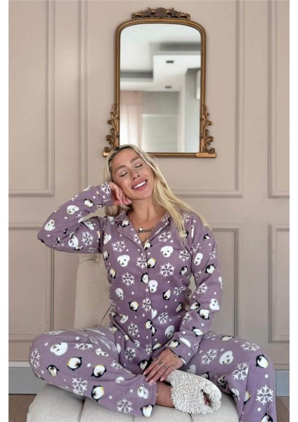 Lila Penguen Desenli Önden Düğmeli Peluş Polar Pijama Takımı fırsatları