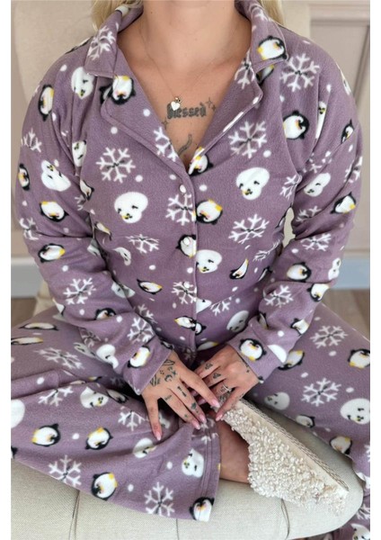 Lila Penguen Desenli Önden Düğmeli Peluş Polar Pijama Takımı indirimleri