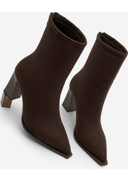 Kadın Topuklu Bot Acı Kahve Sivri Burun Arkadan Fermuarlı Kalın Ökçe Kikas Kahve Süet