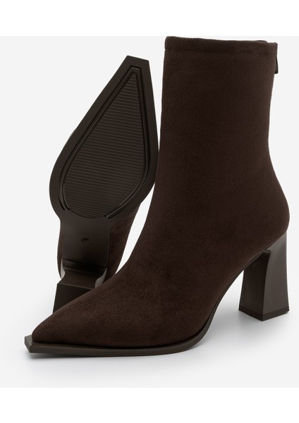 Kadın Topuklu Bot Acı Kahve Sivri Burun Arkadan Fermuarlı Kalın Ökçe Kikas Kahve Süet