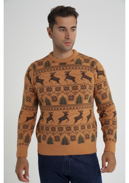 Erkek Bisiklet Yaka Jakarlı Geyikli Yün Yılbaşı Kazak TRIST-5360
