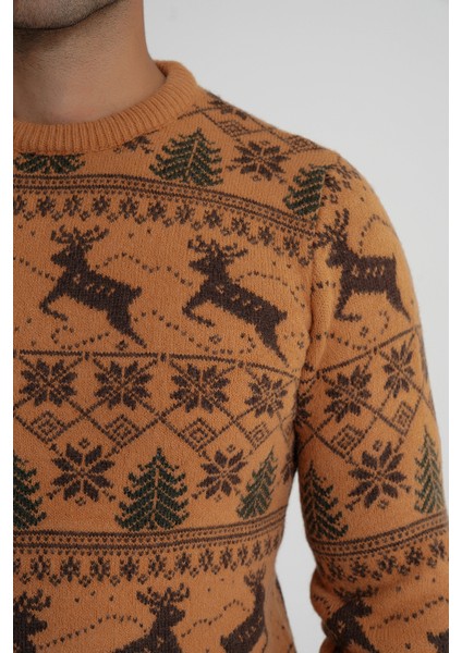 Erkek Bisiklet Yaka Jakarlı Geyikli Yün Yılbaşı Kazak TRIST-5360