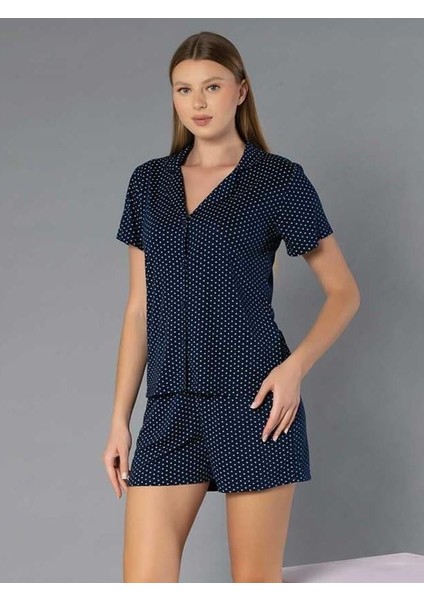 Boydan Düğmeli Kısa Kollu Şort Takım - Yazlık Puan Desenli Yumuşak Milan Kumaş - M, L, Xl, Xxl Poppy 56-05