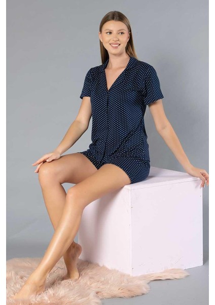 Boydan Düğmeli Kısa Kollu Şort Takım - Yazlık Puan Desenli Yumuşak Milan Kumaş - M, L, Xl, Xxl Poppy 56-05 modelleri