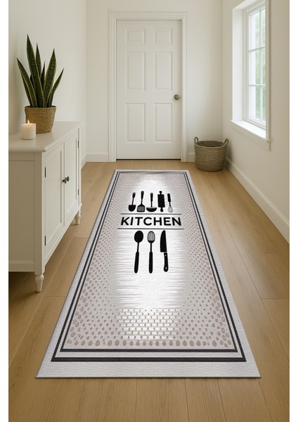 Gri Kitchen Yazılı Dekoratif Mutfak Halısı – Kaymaz ve Yumuşak fiyatları