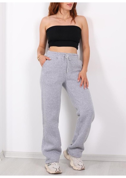 Beli Lastikli 3 Iplik Boru Paça Gri Melanj Kadın Eşofman Altı