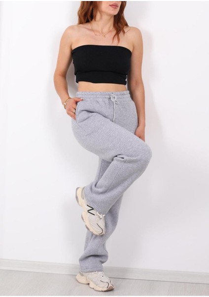 Beli Lastikli 3 Iplik Boru Paça Gri Melanj Kadın Eşofman Altı modelleri