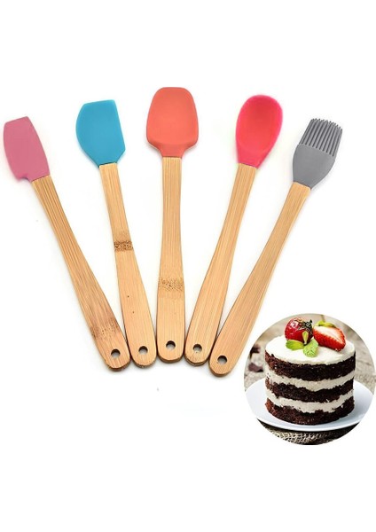 5'li Renkli Bambu Saplı Silikon Uçlu Spatula Fırçalı Kaşık Seti