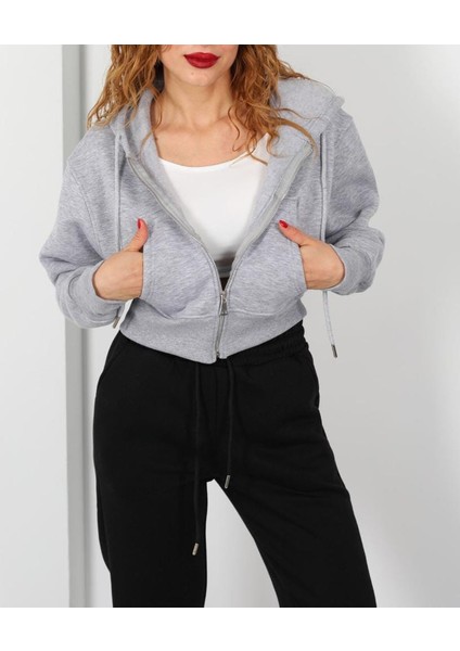 Kapüşonlu 3 Iplik Gri Melanj Kadın Crop Sweatshirt Ceket
