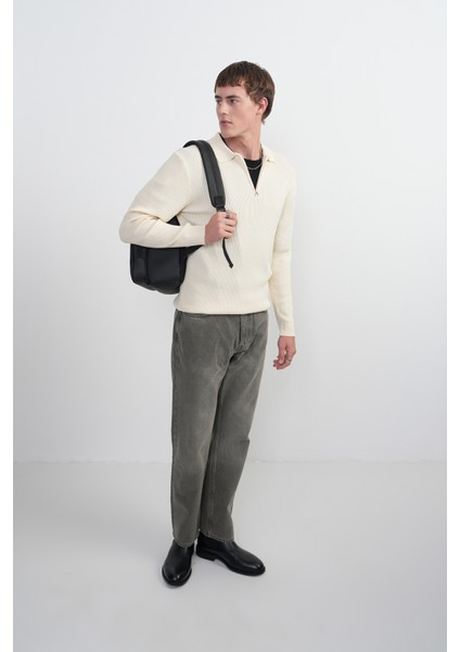 Erkek Basic Uzun Kollu Krem Triko Polo Yaka Tişört