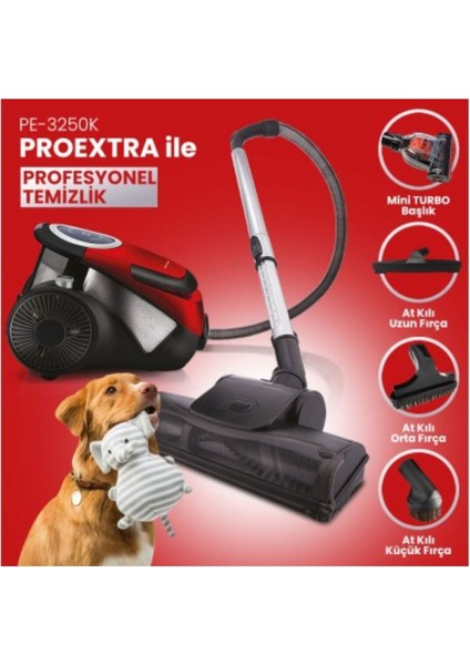 Kırmızı Proextra Pe 3250K Elektrikli Süpürge, Güçlü ve Kullanışlı Temizlik Cihazı