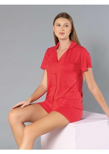 Boydan Düğmeli Kısa Kollu Şort Takım - Yazlık Puan Desenli Yumuşak Milan Kumaş - M, L, Xl, Xxl Poppy 56-04
