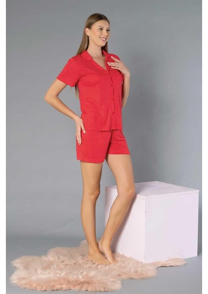 Boydan Düğmeli Kısa Kollu Şort Takım - Yazlık Puan Desenli Yumuşak Milan Kumaş - M, L, Xl, Xxl Poppy 56-04 fiyatları