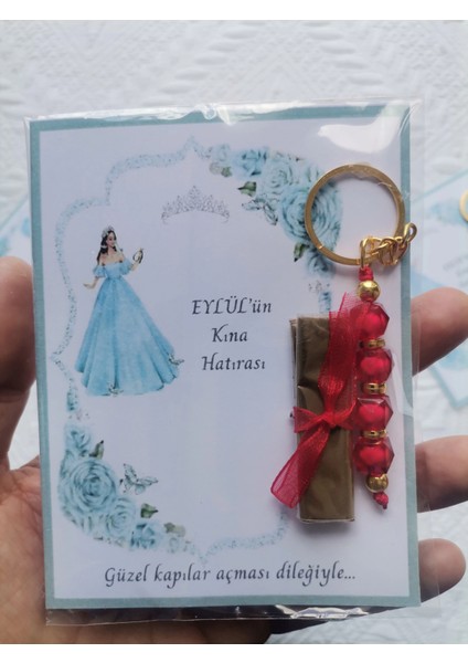 64 Adet Kişiye Özel Kına Hatırası Dağıtmalık Hediyelik Kırmızı Anahtarlık ve Paketlenmiş Kına
