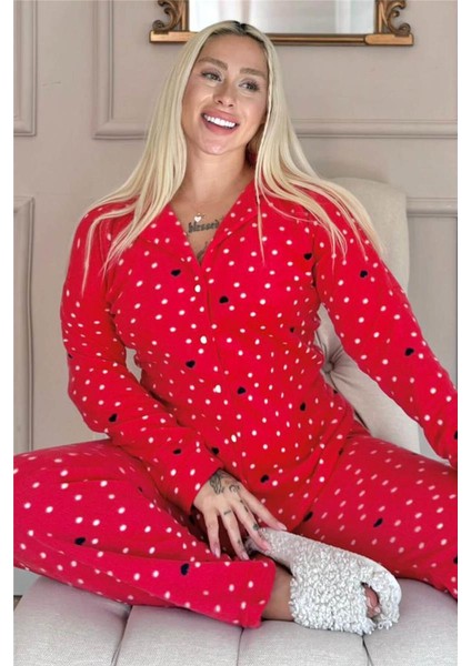 Kırmızı Point Heart Desenli Önden Düğmeli Peluş Polar Pijama Takımı
