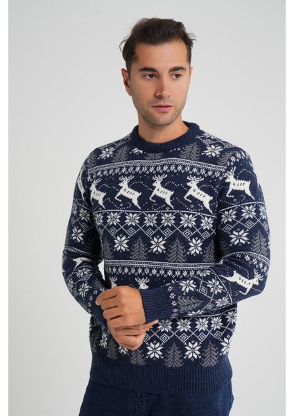 Erkek Bisiklet Yaka Jakarlı Geyikli Yün Yılbaşı Kazak TRIST-5360