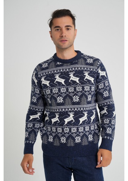 Erkek Bisiklet Yaka Jakarlı Geyikli Yün Yılbaşı Kazak TRIST-5360 modelleri