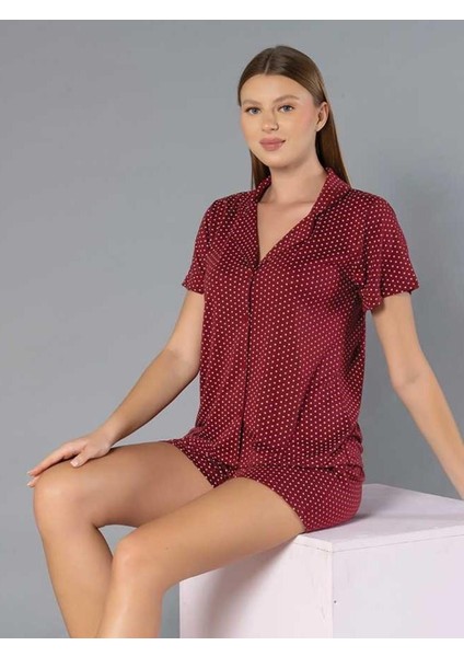 Boydan Düğmeli Kısa Kollu Şort Takım - Yazlık Puan Desenli Yumuşak Milan Kumaş - M, L, Xl, Xxl Poppy 56-05