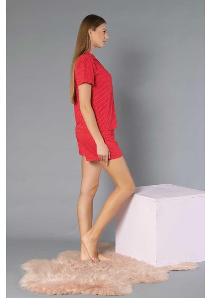 Boydan Düğmeli Kısa Kollu Şort Takım - Yazlık Puan Desenli Yumuşak Milan Kumaş - M, L, Xl, Xxl Poppy 56-04 modelleri