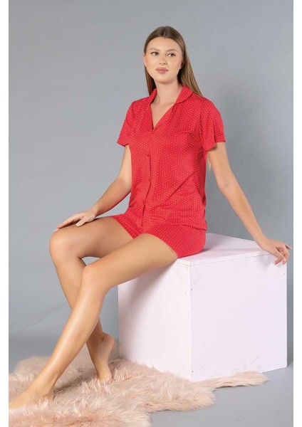 Boydan Düğmeli Kısa Kollu Şort Takım - Yazlık Puan Desenli Yumuşak Milan Kumaş - M, L, Xl, Xxl Poppy 56-04 fırsatları