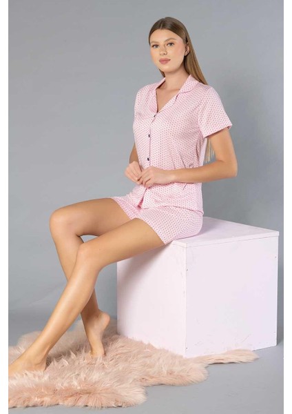 Boydan Düğmeli Kısa Kollu Şort Takım - Yazlık Puan Desenli Yumuşak Milan Kumaş - M, L, Xl, Xxl Poppy 56-04 modelleri