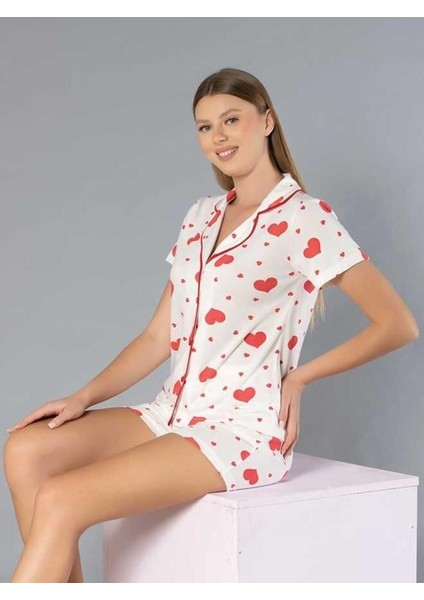 Boydan Düğmeli Kısa Kollu Şort Takım - Yazlık Kalp Desenli Yumuşak Milan Kumaş - M, L, Xl, Xxl Poppy 56-02