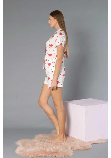 Boydan Düğmeli Kısa Kollu Şort Takım - Yazlık Kalp Desenli Yumuşak Milan Kumaş - M, L, Xl, Xxl Poppy 56-02 modelleri