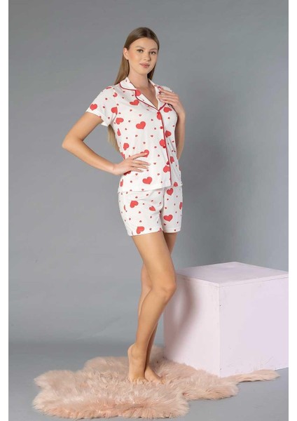 Boydan Düğmeli Kısa Kollu Şort Takım - Yazlık Kalp Desenli Yumuşak Milan Kumaş - M, L, Xl, Xxl Poppy 56-02 fırsatları