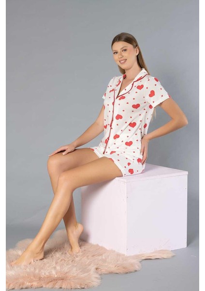 Boydan Düğmeli Kısa Kollu Şort Takım - Yazlık Kalp Desenli Yumuşak Milan Kumaş - M, L, Xl, Xxl Poppy 56-02 indirimleri