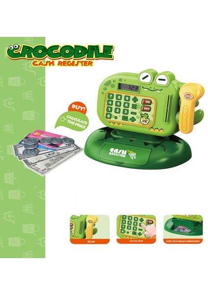 Pilli Işıklı Sesli Yazarkasa Dokunmatik Tuşlu Dijital Ekranlı Oyuncak Yazarkasa Crocodile