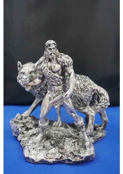 Tyr Savaş Tanrısı Heykeli - Kurtlu Try Biblo - 26 cm Mitolojik Obje Hediyelik Dekor Gümüş