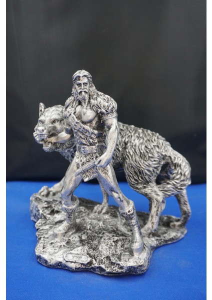 Tyr Savaş Tanrısı Heykeli - Kurtlu Try Biblo - 26 cm Mitolojik Obje Hediyelik Dekor Gümüş