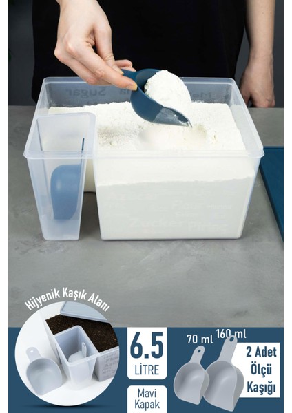 Ölçü Kaşıklı Un Şeker Deterjan Saklama Istifleme Kabı Ölçülü Saklama Kutusu 6.5 Litre Mavi