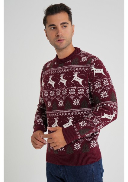 Erkek Bisiklet Yaka Jakarlı Geyikli Yün Yılbaşı Kazak TRIST-5360