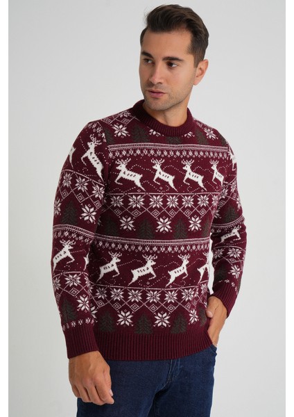 Erkek Bisiklet Yaka Jakarlı Geyikli Yün Yılbaşı Kazak TRIST-5360 modelleri