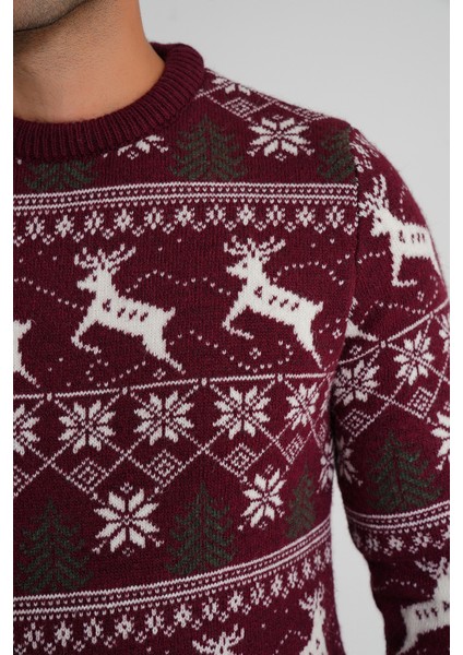 Erkek Bisiklet Yaka Jakarlı Geyikli Yün Yılbaşı Kazak TRIST-5360